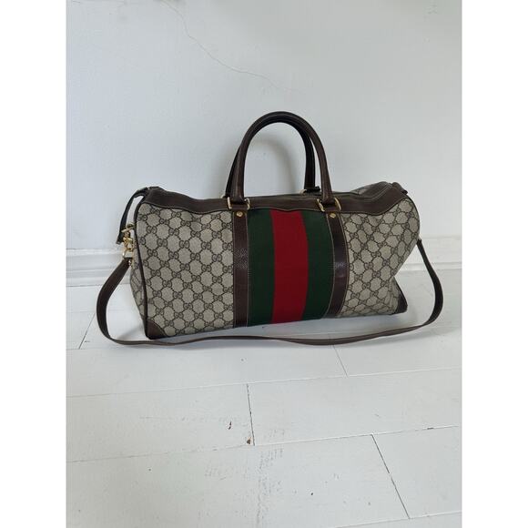 Vintage 70s/80s Gucci Boston Duffle Bag Shoulder Strap Web Canvas & Leather - Picture 1 of 16